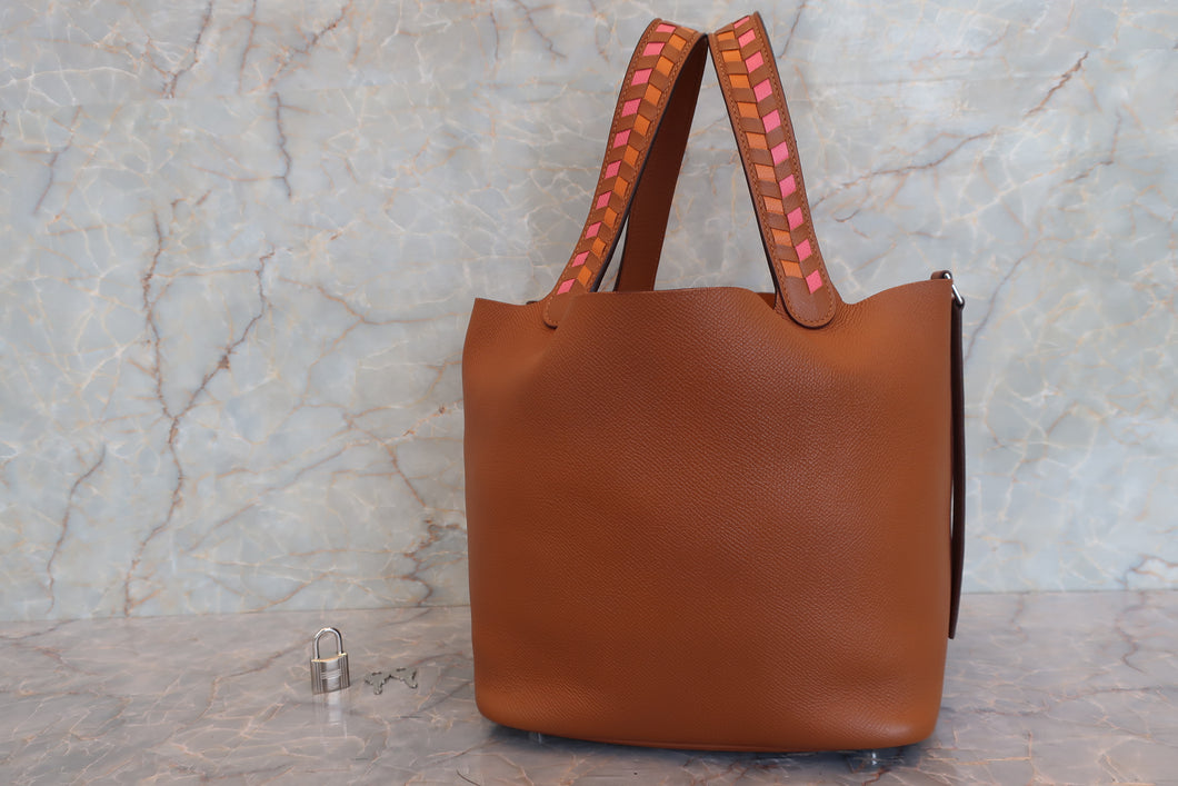 HERMES／エルメス ピコタンロックＭＭトレサージュ ヴォーエプソン ゴールド/ローズアザレ/オレンジ D刻印 ハンドバッグ 700110088