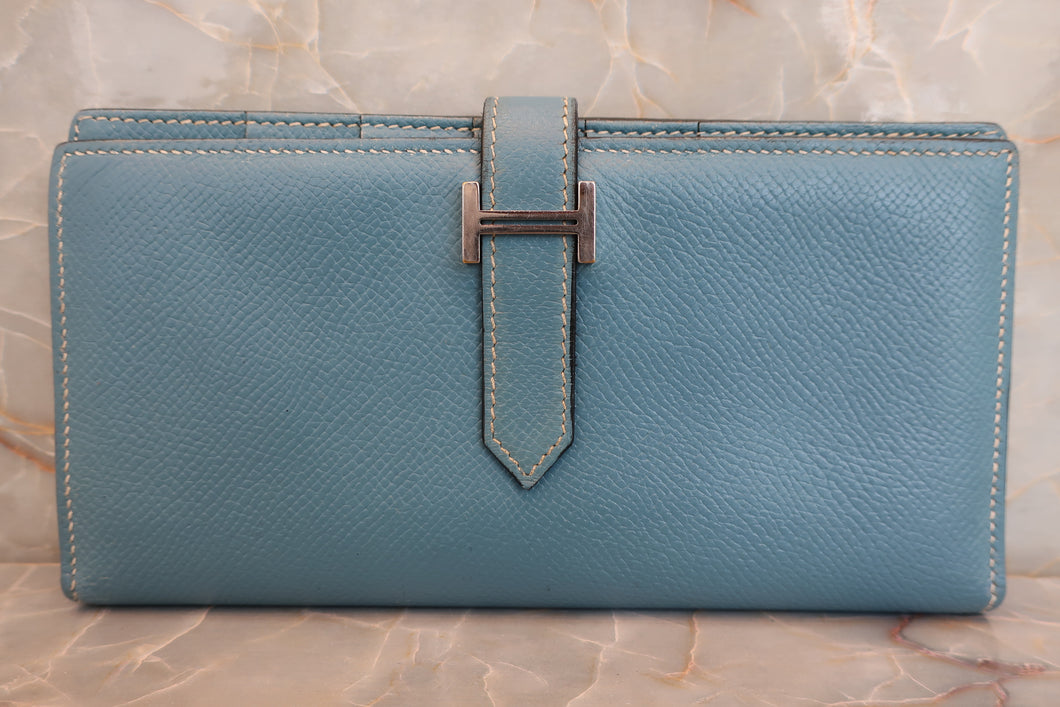HERMES  Bearn Soufflet Epsom leather Blue jean □K Engraving Wallet 700090225
