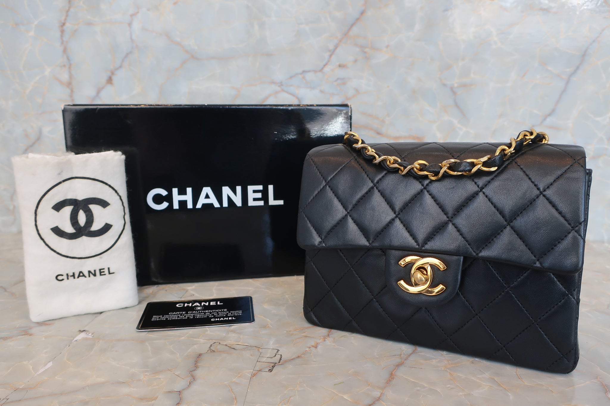 Vintage Chanel Mini Flap Chain Handle Bag Black Lambskin Gold