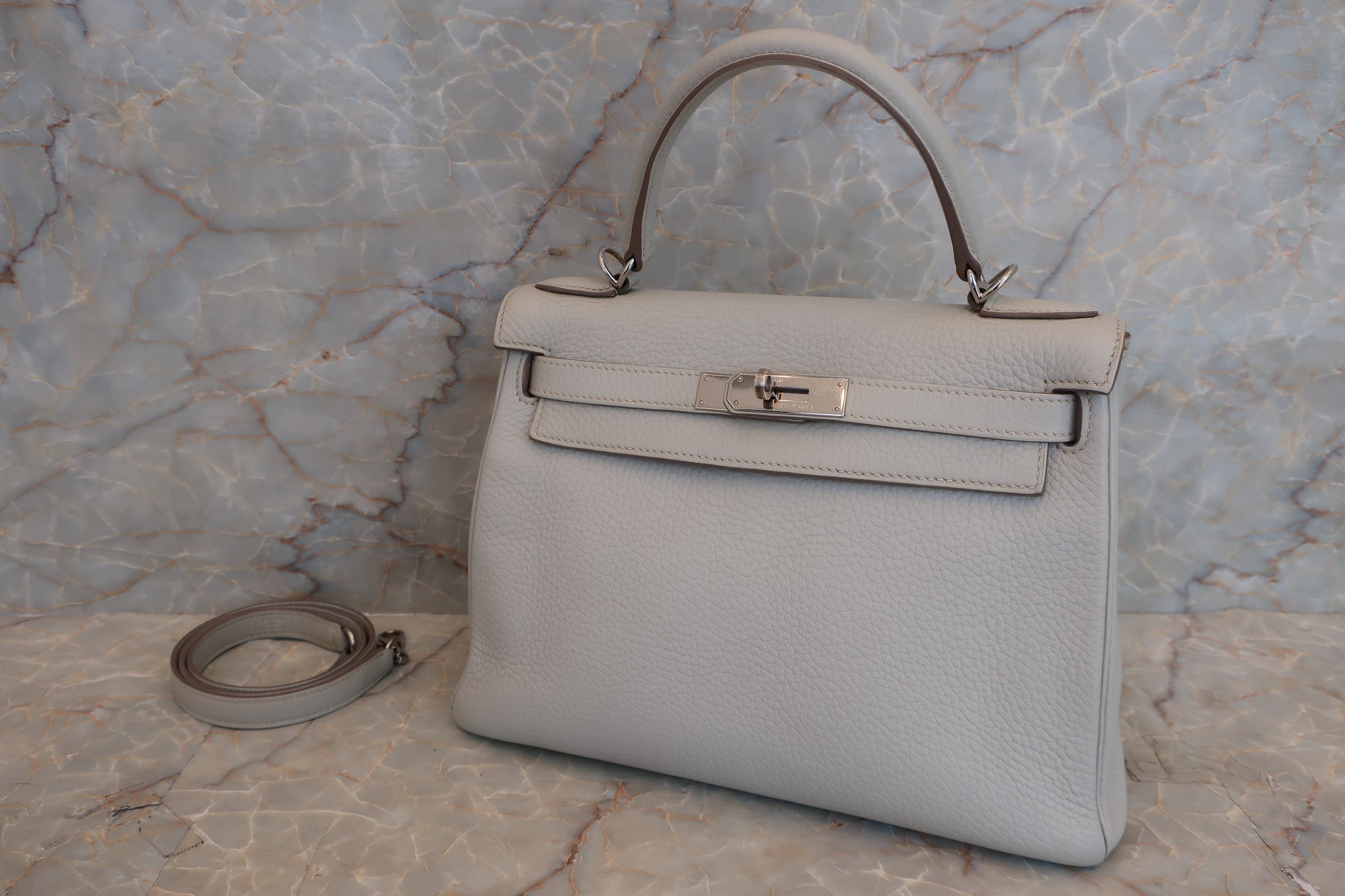 HERMES KELLY 28 Clemence leather Gris perle（Pearl gray） □O