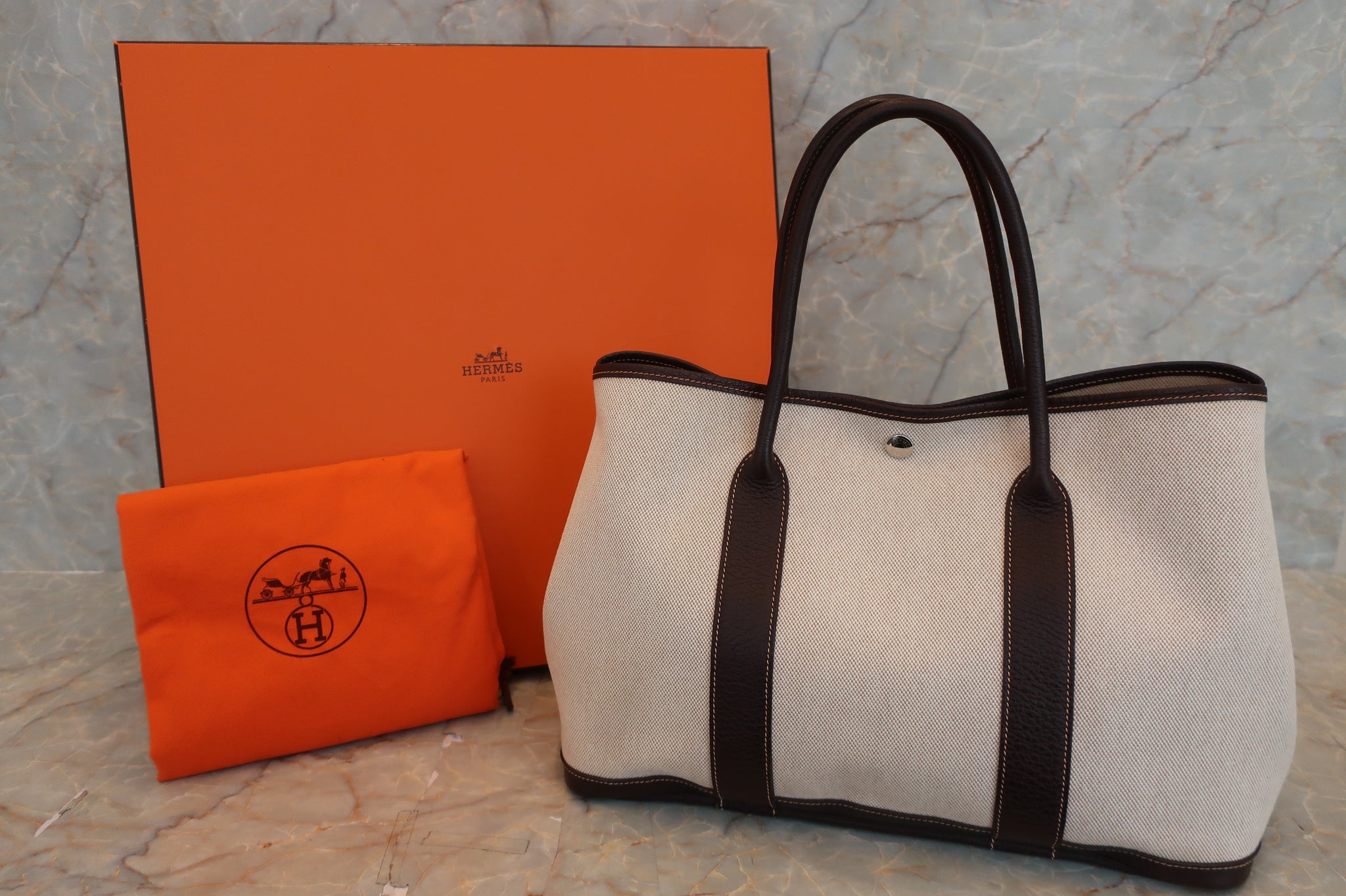 HERMES GARDEN PARTY PM Toile H/Leather Marron/Brown □H Engraving Tote –  BRANDSHOP-RESHINE