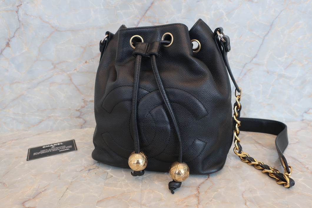 CHANEL CC Drawstring Chain Shoulder Bag Black Caviar Skin Leather
