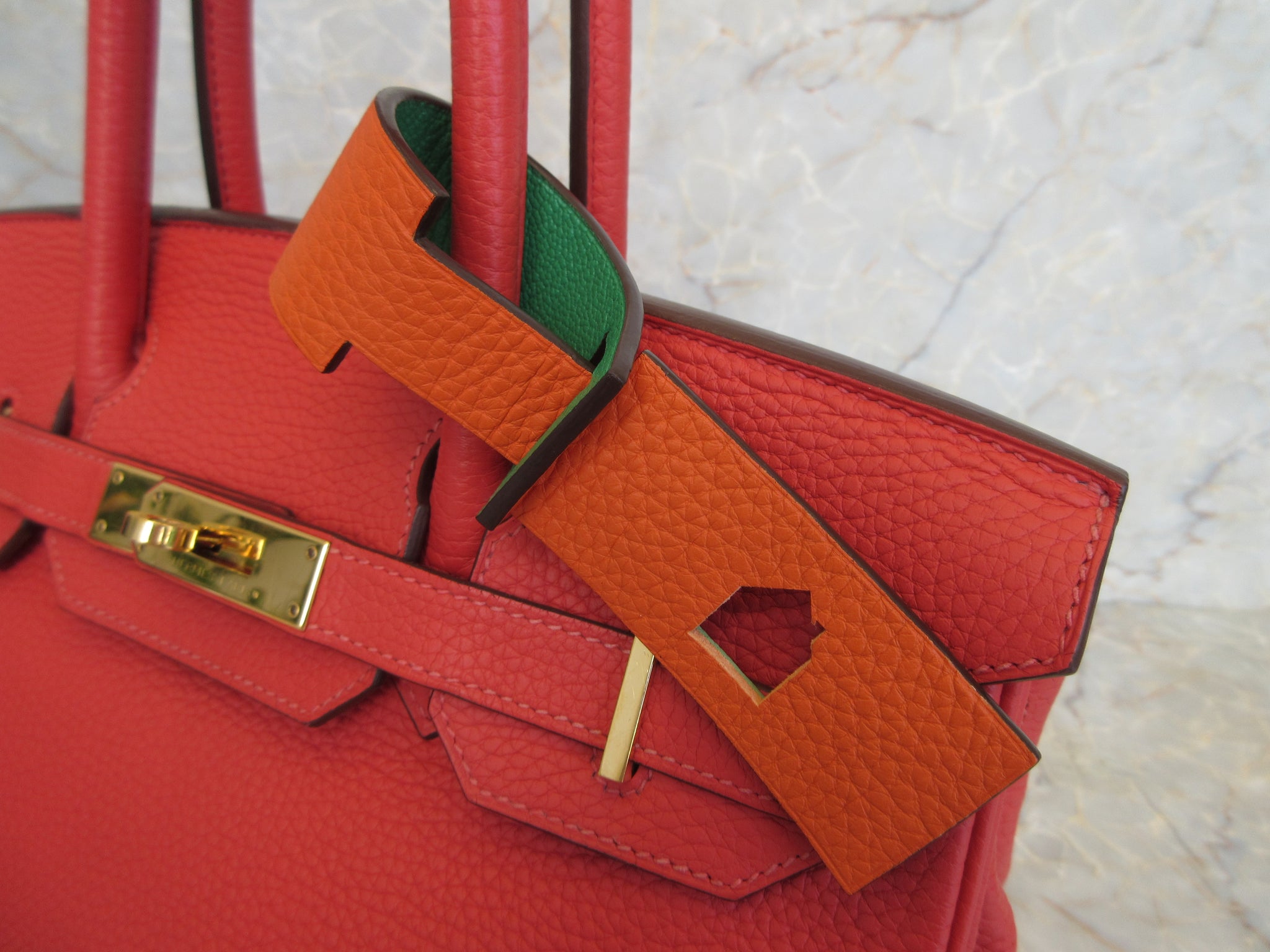 HERMES Petit h Luggage tag Clemence leather Orange poppy/Bambou