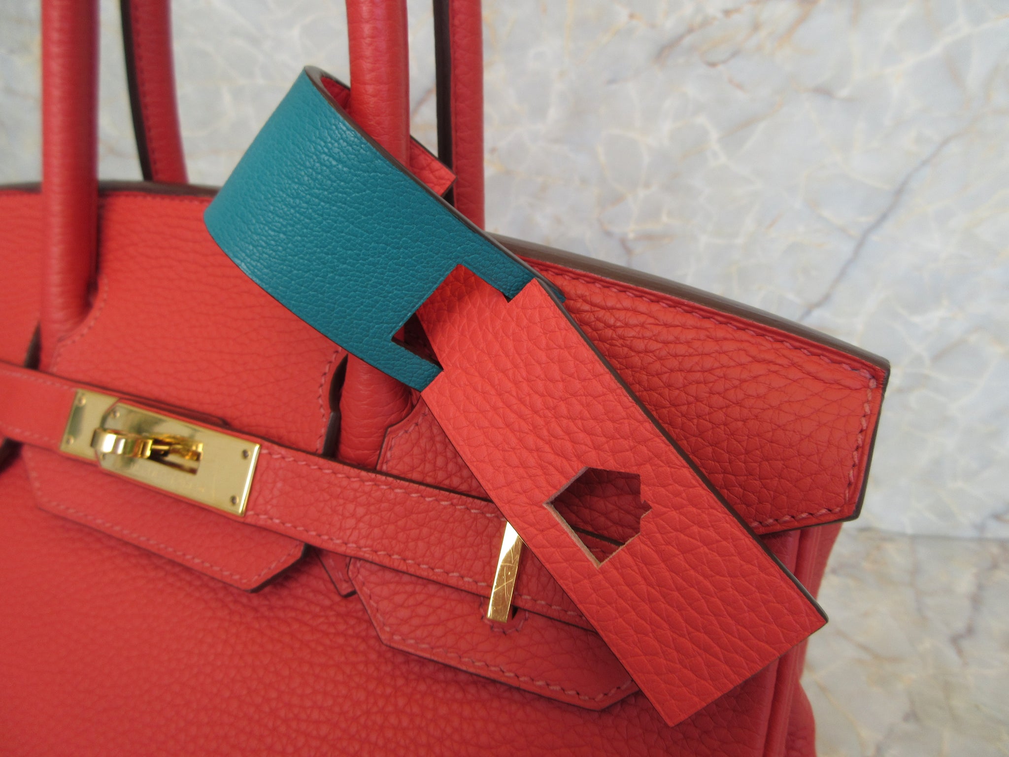 HERMES Petit h Luggage tag Clemence leather Rouge pivoine/Blue
