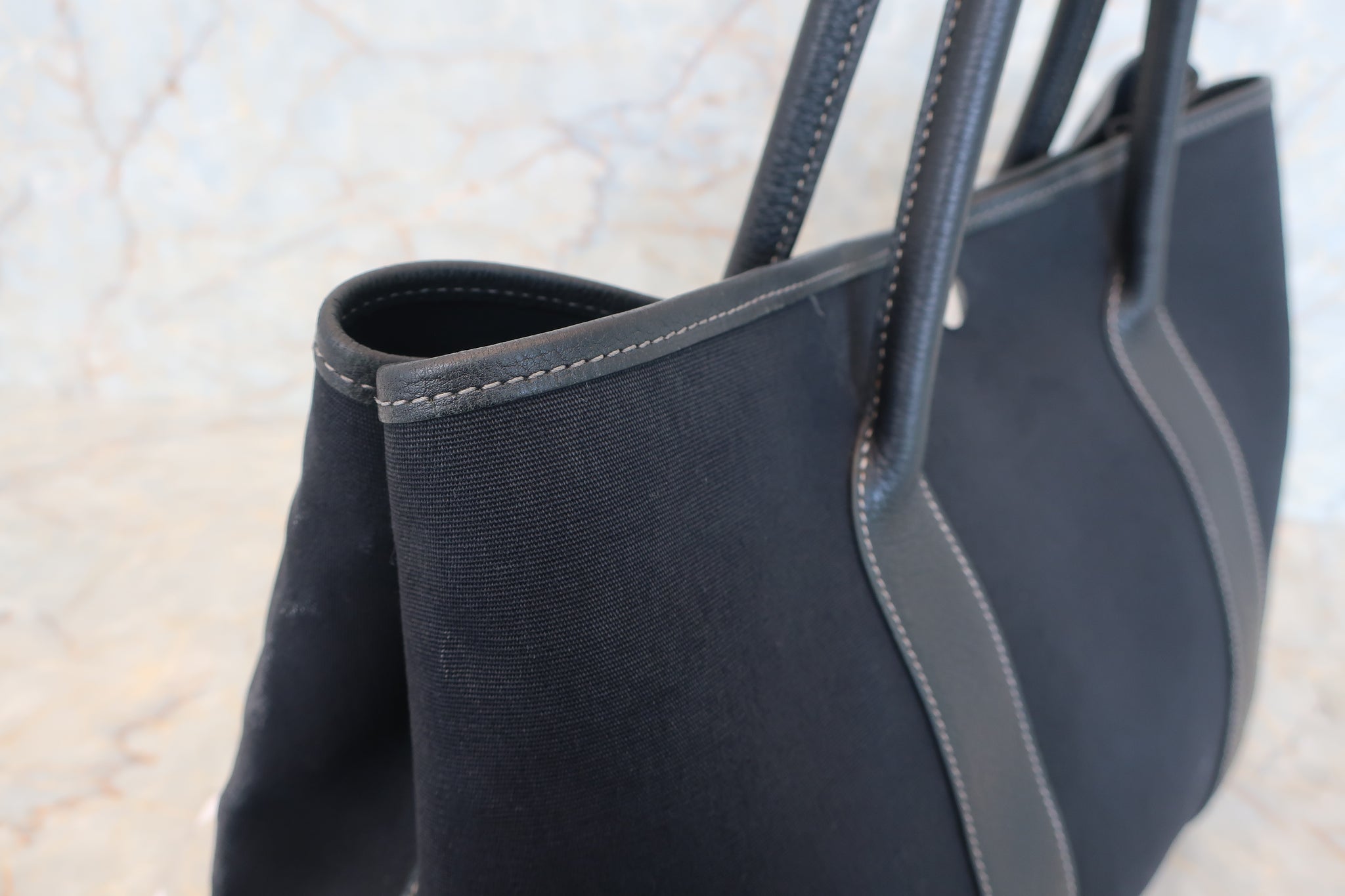 Hermes Black Canvas & Leather GARDEN PARTY PM Tote Bag