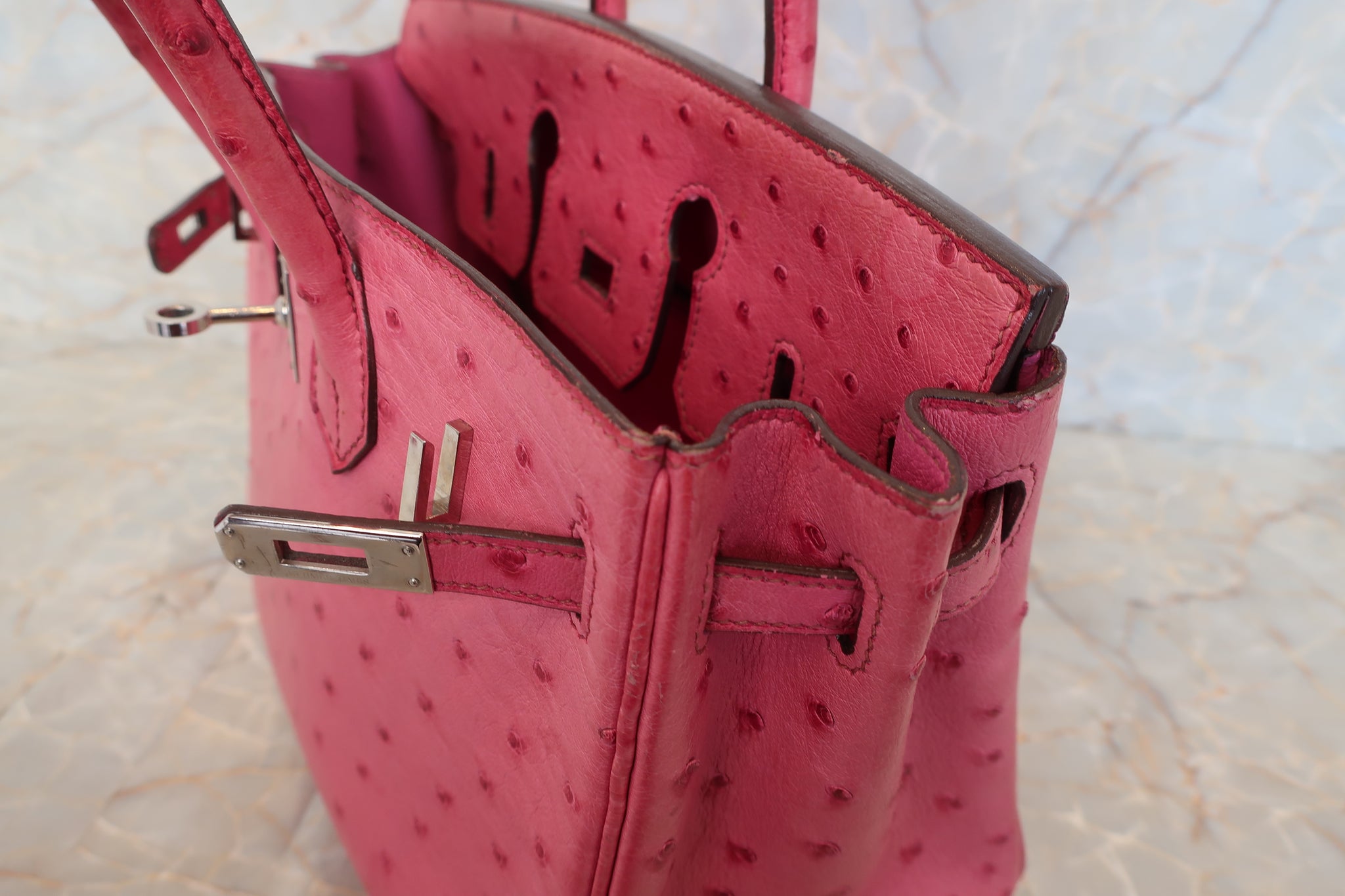 HERMES BIRKIN 25 Ostrich lether Fuschia pink □I Engraving Hand bag 500 –  BRANDSHOP-RESHINE
